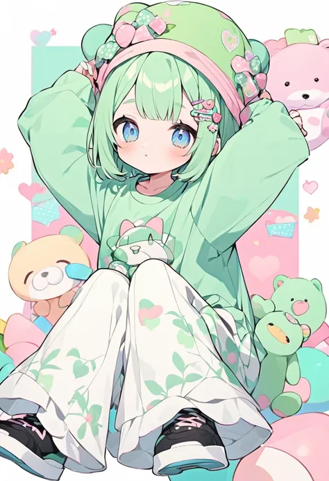 ((solo)) Girl. She has a pastel green hair, blue eyes, cute childish face. She wears a green big shirt printed ((print = love)) and white wide pants, with a black sneakers. She has a pink flower hair clip and uses a green teddy bear hat.