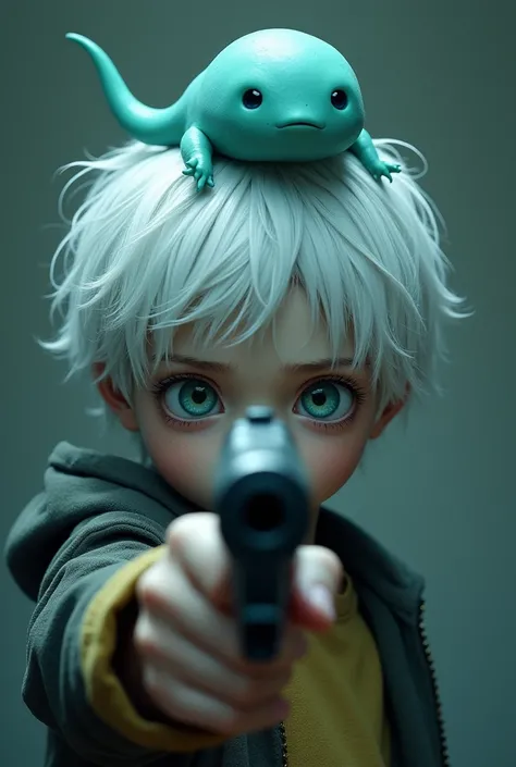 A white haired boy, blue-green eyes with a slime on his head the same color as his eyes, The boy has a sobbing and slightly sad face , with a gun pointing at the screen 