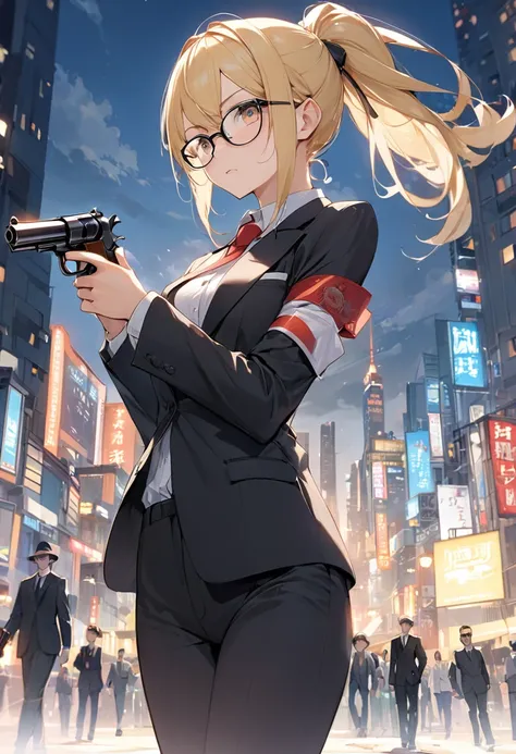 A blonde girl with a ponytail is wearing rectangular under-rimmed glasses.。She has a slender figure and wears a suit.。Holding a revolver with both hands、Facing forward。The background is the city。One pistol。Colt pistol。No jacket。Hold the sleeves of your shi...