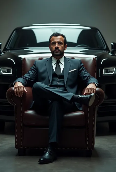 Aman is a person who is the boss of all the people and he is sitting on the chair near the black car.