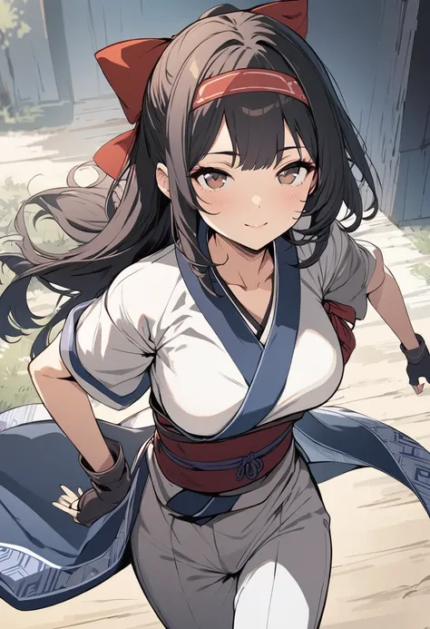 masterpiece, best quality,1girl, solo, nakorurums, red bow, bow, long hair, hair bow, ainu clothes, solo, hairband, black hair, fingerless gloves, short sleeves, gloves, sash, bangs, red hairband, breasts, brown eyes, white pants, japanese clothes, masterp...