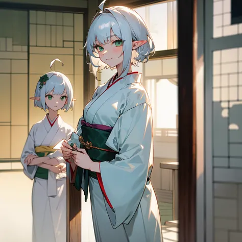 elf, female, silver hair,short hair, medium cut, ahoge, curly hair, green eyes,slender, fair skin, japanese female kimono, cool ...