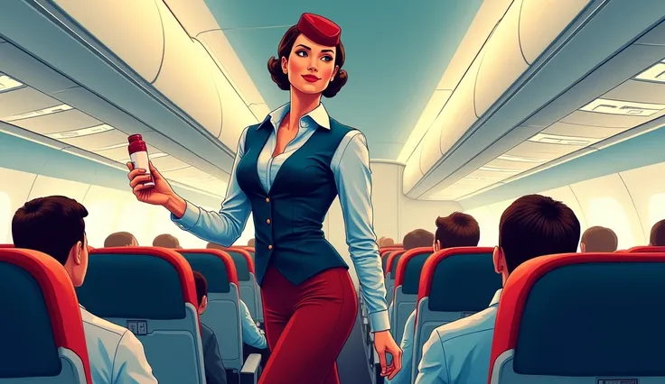 stewardess, French Airlines, Onboard services, cel shading, Bold outline, flat color, Sharp shadow, graphic style, (manga influence:1.3), beautiful line drawing, impressive visual effects,comics