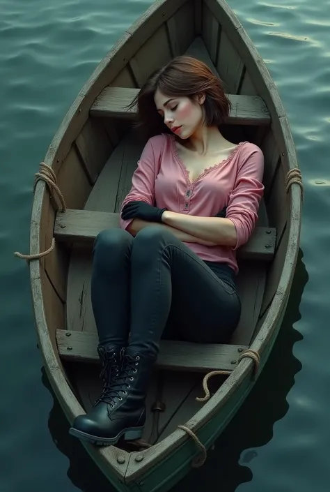 Beautiful young, short brown hair, pink blouse, black pants, black boots, Black gloves, asleep and tied up on a boat