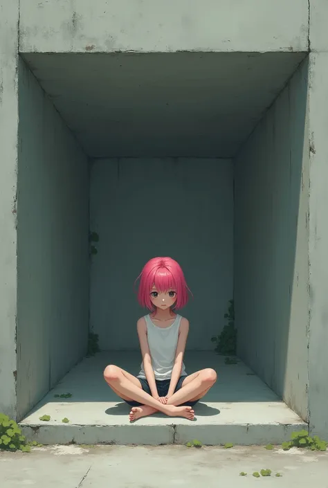 An  barefoot girl sits at the bottom of a narrow concrete box. Her hair is pink.