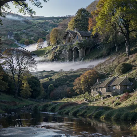 Beautiful countryside oak framed cottage nestling at the edge of the woods, misty meadow, cold blue sky, babbling brook with small bridge in foreground, brick chimney stack, birds, small castle on hills in background