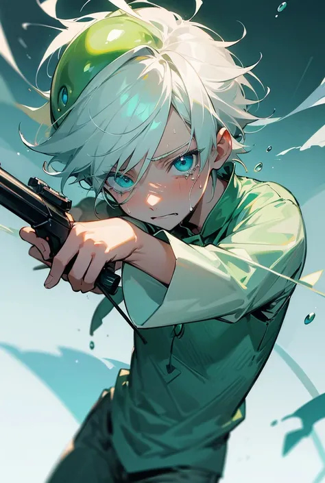 A 1 white-haired boy, blue-green eyes with a slime on his head the same color as his eyes, The boy has a sobbing and slightly sad face , with a pistol gun and a sword floating around him 