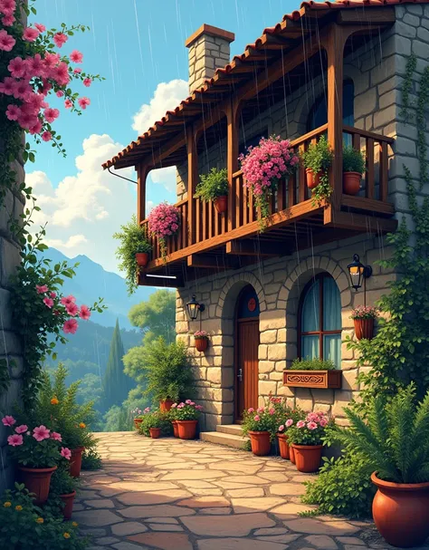 (masterpiece:1), (wide view:1.7), (wooden balcony extend outward from charming old stone building:1.6), (Earthy brown, warm terracotta, muted olive green, soft cream, deep charcoal color palette:1.3), silence, (balcony is adorned with an array of colorful ...