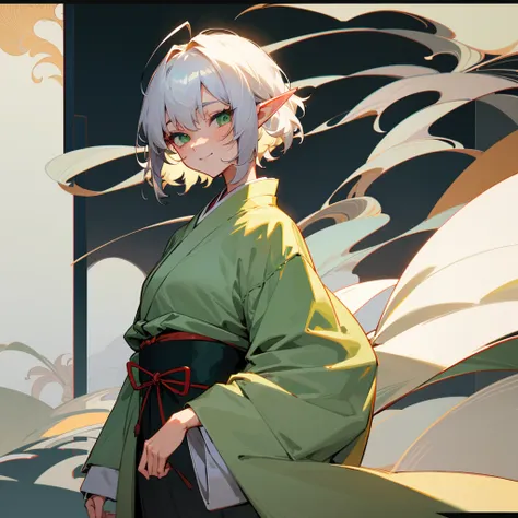 elf, female, silver hair,short hair, medium cut, ahoge, curly hair, green eyes,slender, fair skin, japanese female kimono, cool ...