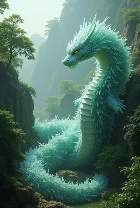 A shape-shifting naga with melting, translucent skin that reflects the surrounding greenery and trees. The creatures appearance is fluid and ever-changing, blending perfectly with the gentle coolness and surroundings, set against a backdrop of a mountainou...