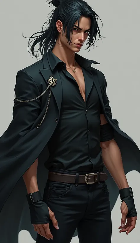 A rogue character with long black hair tied back with a clip, though some strands fall across his face. He has dark, piercing eyes, a small nose, and a mischievous grin that gives him an arrogant, rebellious vibe. He’s around 70 kg and 1.75 meters tall, in...