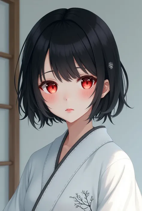 A young girl with red eyes and black hair with white coloured kimono Short Hair, 