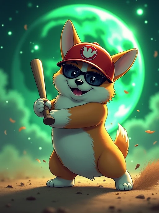 A cute corgi in a helmet and sunglasses hitting a home run against a big sparkly emerald green full moon., Best Quality, Winner of numerous awards, Close-up, Afterimage, Aerial perspective, Speed Lines, Chiaroscuro, Cinematic light effects, Reflected Light...