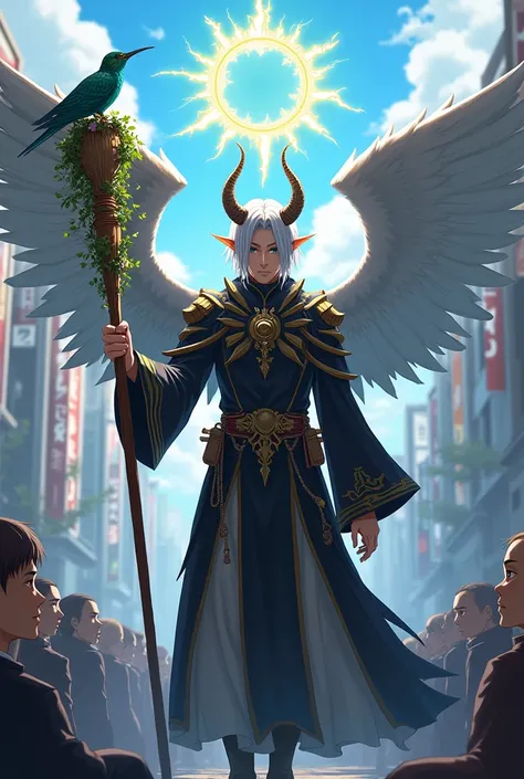 I want a man. He is wearing a black and white cleric outfit. He has very large gray wings. His hair is silver and long. He has elf ears and his face is covered by a mask. He also has two pairs of horns on his head and with a melted halo. He is holding a sc...