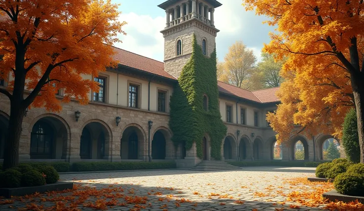 Create a quiet university courtyard featuring a tall bell tower with ivy-covered walls. The courtyard is surrounded by trees in full autumn foliage, and the cobblestone ground is covered in leaves. The scene is peaceful and reminiscent of an old European c...