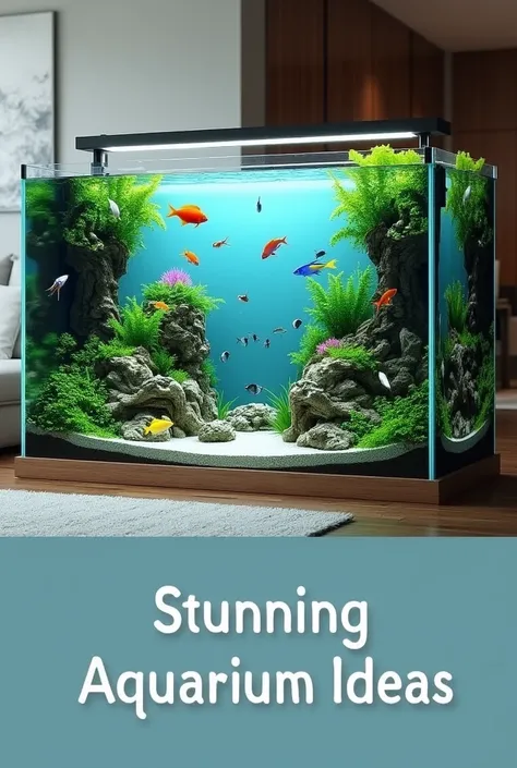 Create a high-resolution image of a beautifully designed home aquarium that evokes calm and serenity. The aquarium should have crystal-clear water, colorful tropical fish swimming peacefully, and lush green aquatic plants. Include natural-looking rocks and...