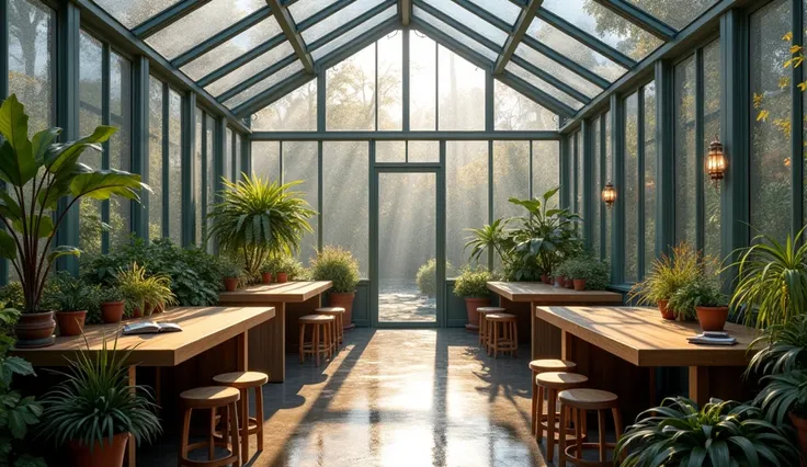 Design a study room within a greenhouse-style building, featuring glass walls and a glass ceiling. The room is filled with wooden desks, potted plants, and a soft, ambient light that filters through the glass. Outside, autumn leaves are visible in the surr...