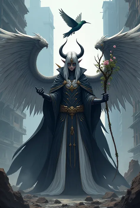 I want a man. He is wearing a black and white cleric outfit. He has very large gray wings. His hair is silver and long. He has elf ears and his face is covered by a mask. He also has two pairs of horns on his head and with a melted halo. He is holding a sc...