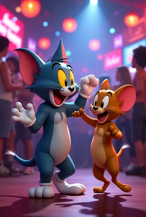 Design a series of vibrant, high-quality images of Tom and Jerry in various playful and dynamic scenes. Capture the classic cartoon style with detailed, expressive characters. Include lively backgrounds and ensure the images convey the playful and mischiev...