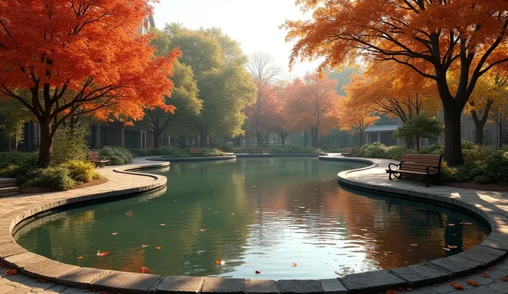 Design a small pond within a university campus surrounded by trees in vibrant autumn colors. The water is calm, with a few ripples caused by falling leaves. Stone benches and walkways circle the pond, and the surrounding area is quiet and peaceful. Negativ...