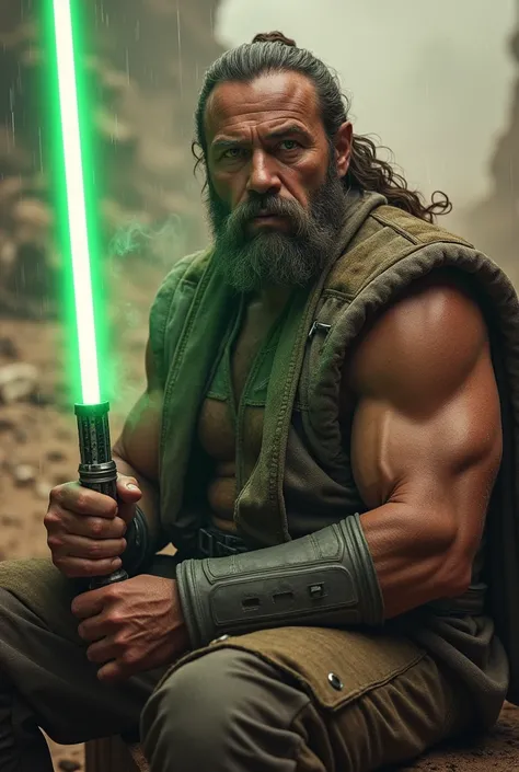 (((Masterpiece))), (((Highest quality))), ((Very detailed)), (photograph), High resolution, a hyper-realistic movie poster for Star Wars: The beard jedi, featuring a strong, muscular, bearded man as a Jedi. He sits with a protective, serious expression, ho...