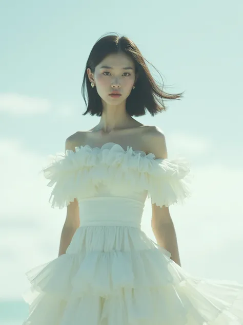 dynamic Angle, a Japanese girl, Blurred background, White world, Fantasy, Bokeh, Chromatic aberration, Bokeh, Photo_Curly, White avant-garde big frill dress, Real, Solo, Horizon, Model like, Imperfect detail, Shot with Leica, analog, 35mm: artistic light l...