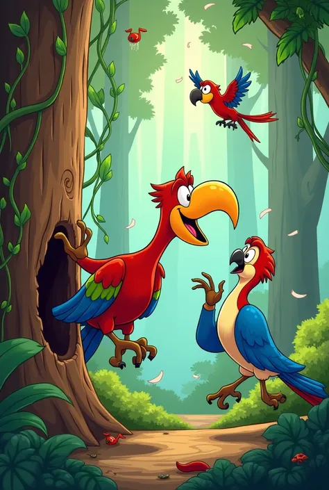 The woodpecker from the cartoon getting caught by a red macaw 