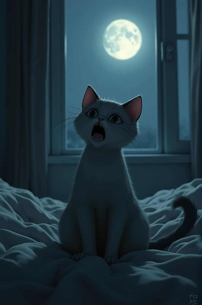 Cat crying at night on bed