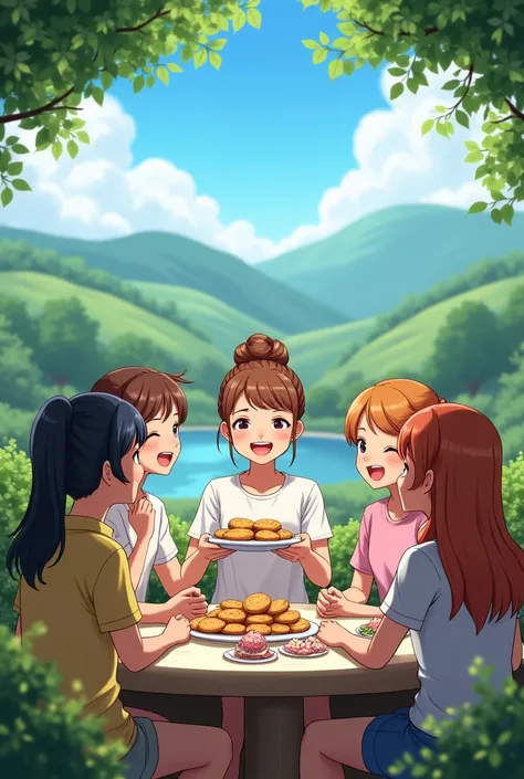 A group of friends are sitting around a table, laughing and talking. One friend, Sarah, is holding a plate of cookies.
(anime, and landscape design) 