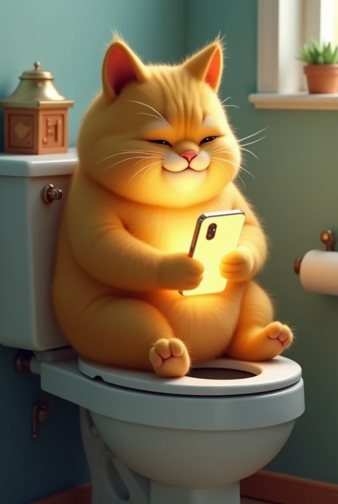 The yellow chubby cat is now sitting on the toilet, legs dangling, still holding the phone.The phone is glowing softly, reflecting light on the cats face, and she seems focused and happy.The surroundings are the same bathroom, but the focus is more on the ...