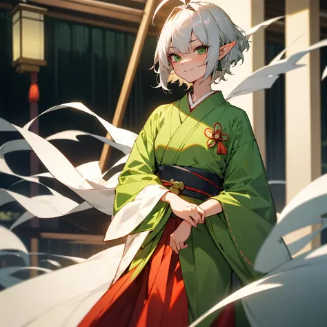 elf, female, silver hair,short hair, medium cut, ahoge, curly hair, green eyes,slender, fair skin, japanese female kimono,  hair Green bow, cool mild Smile, japanese Hotel, japanese doorman, annoyance