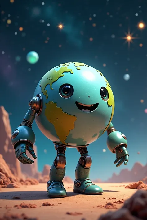 AI-Earth with arms and legs like the character "Miss Minute" in Loki