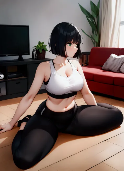 score_9, score_8_up, score_7_up, 1girl, solo, curvy, fubuki (one-punch man), green eyes, black hair, bob cut, sports bra, black yoga pants, on floor, legs apart, stretching, ass focus, indoors, living room,