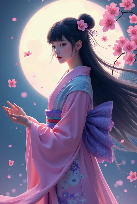 Japanese Goddess of Fortune　Black Hair　Bangs　pink　purple　Light Blue　full moon　cherry blossoms