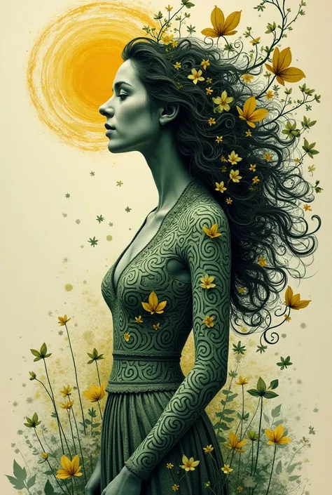 beautiful girl standing, mixing and turning into old iron typefaces with thick hair, dreaming of a fantasy world, spring, made up of typography elements, typefaces, letters, create me a beautiful woman, made of typographic characters, in a fairy-tale atmos...