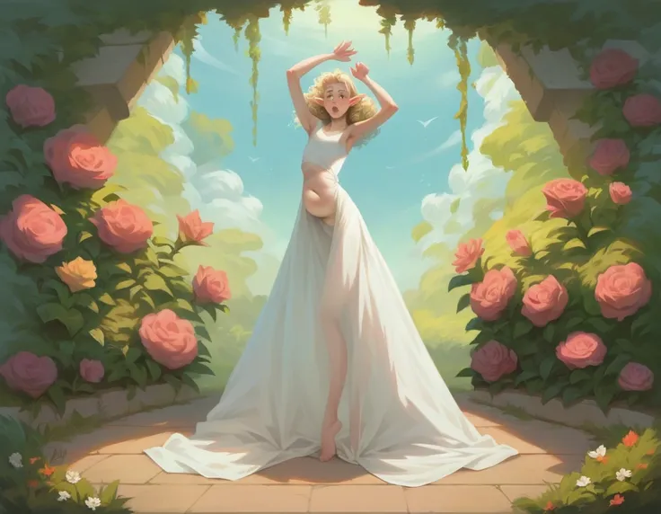 SFW, Best Quality, High resolution, 1girl in, Full body, Details Girl, detail hands, Detail fingers, Detail Face, detail 1girl in, elf, Looking down, Flower Garden, pale skin, ((very skinny), Blonde hair,, curly Hair, , undersized sundress, (tall torso) ()...