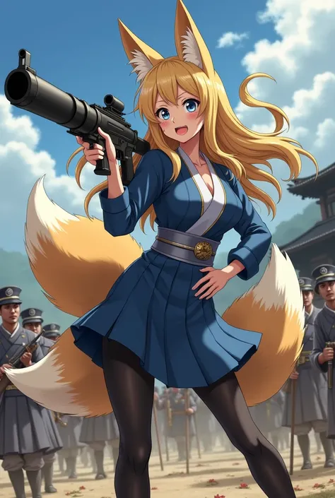 Please draw an anime of a Japanese shrine maiden fox girl。Please draw the background as the Battle of Sekigahara.。Holding a machine gun。Please wear a mini skirt and black pantyhose.。Please draw her tall and in a model-like style.。Please draw me with beauti...