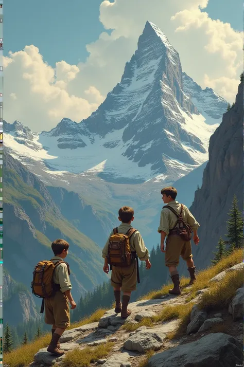 Make 3 young brothers wearing old time clothes and climbing mountain.