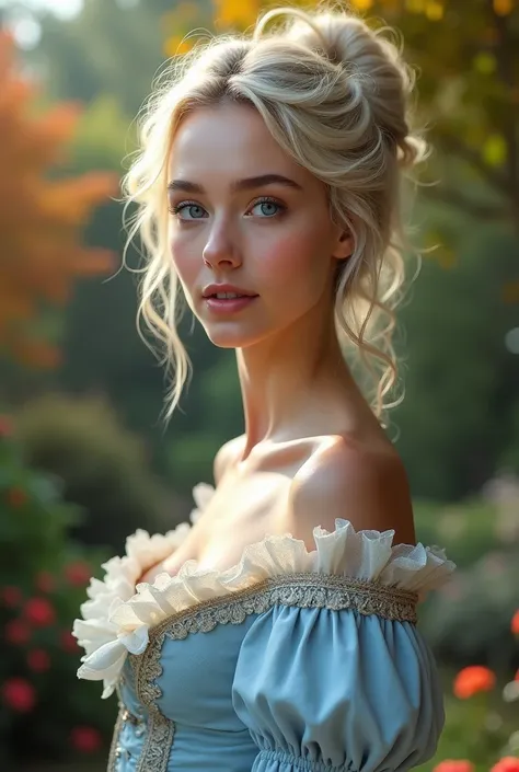 (photorealism:1.2), A  very light skinned, beautiful woman in her late 20s, with long, curly, light, platinum, blonde, hair tied up in a French bun, and light blue eyes, no make up, all natural and beautiful. wearing a light blue colorful, dress, decent, e...