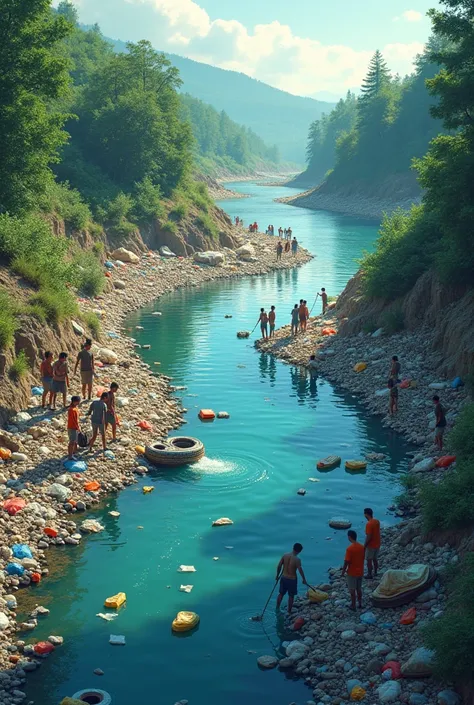 Create a poster of a river full of garbage, people cutting  many trees, wildlife depletion, then all of these environmental problems been recover because people helping each other to clean all of them