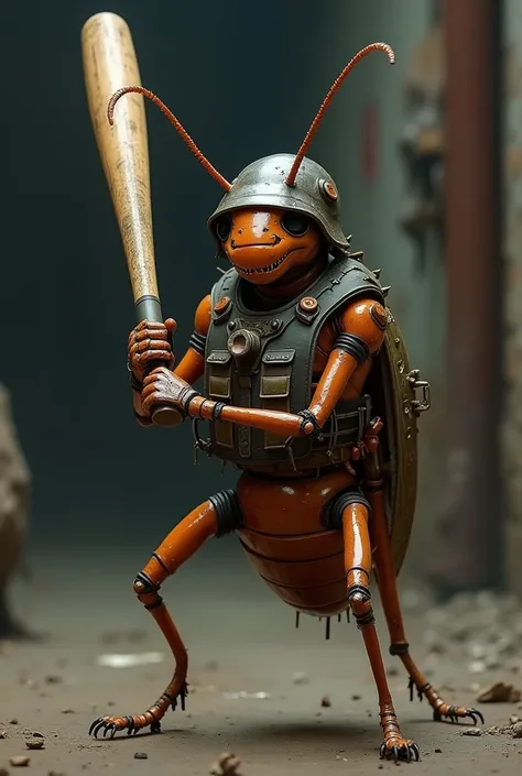 A cockroach standing up, holding a baseball bat, wearing a helmet and a vest
