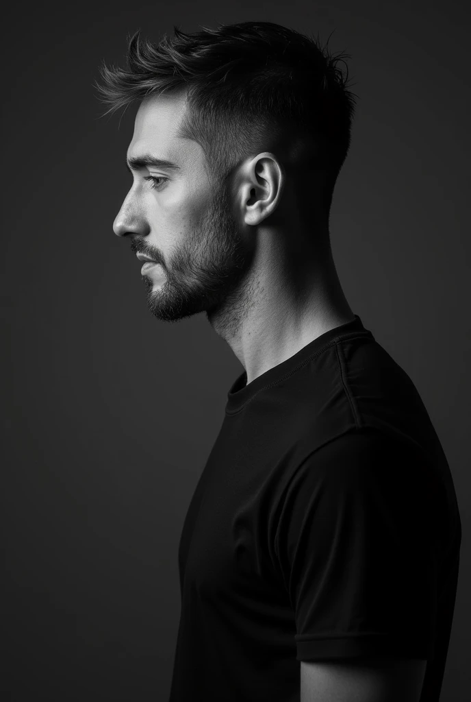 Side profile photo of a man with short hair, around 2, no beard, wearing a black T-shirt, stubble
