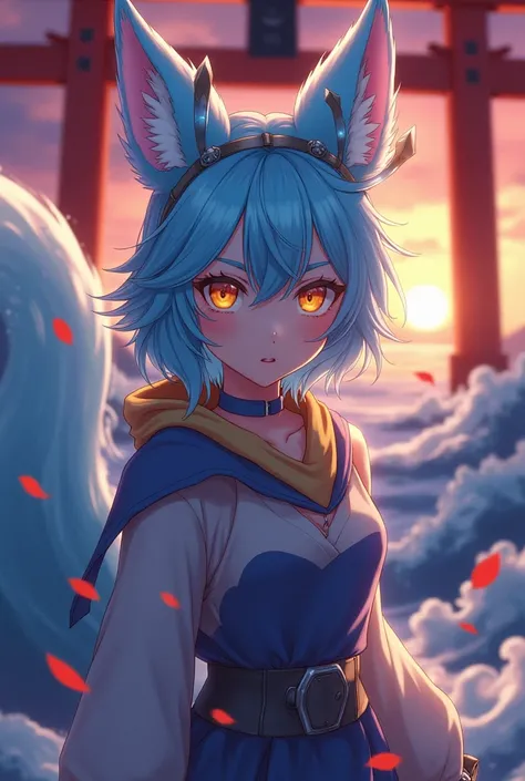 fox Light blue hair 　beast girl　indigo fur　fox beast girl　Sesshomaru, Yellow eyes, Anime, Perfect face, Perfect Lighting, Outdoors, Warm colors, Dark purple sky, Autumn sunset,  (inuyasha), Bearing Claw, Ready to fight　wave, koi fish, anime artstyle, wide ...