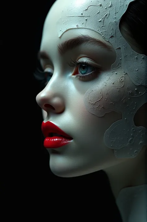 biomechanical cyberpunk A captivating minimalist, a shy and alluring woman. The left half of her face is visible, with her delicate features seamlessly merging into a blank canvas of black/white. Her soft, bright red lips contrast against the monochromatic...