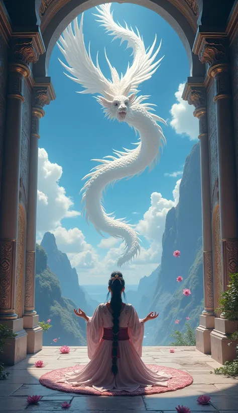 A mystical scene in which a priestess in traditional garb kneels and performs reiki, praying to a majestic dragon and a great white serpent. The dragon is large and ethereal, floating in the sky surrounded by swirling clouds. Delicate mandala flowers gentl...