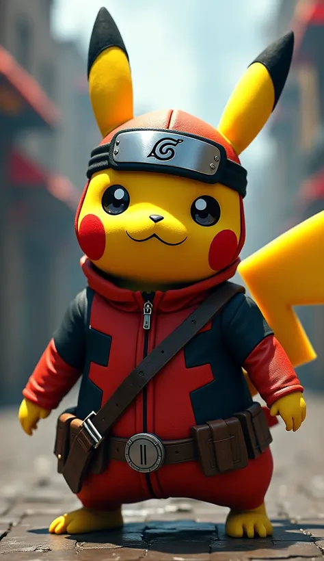 A pikachu, with a mixed style of Naruto wear Konoha Ninja Headband with deadpool coustume iconic stayle, full body view, super realistic and detail, super cinematic, 4k.