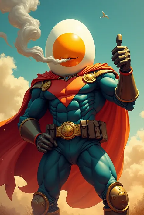 A SMOKING HERO WITH. EGG FACE GIVING THUMBS UP