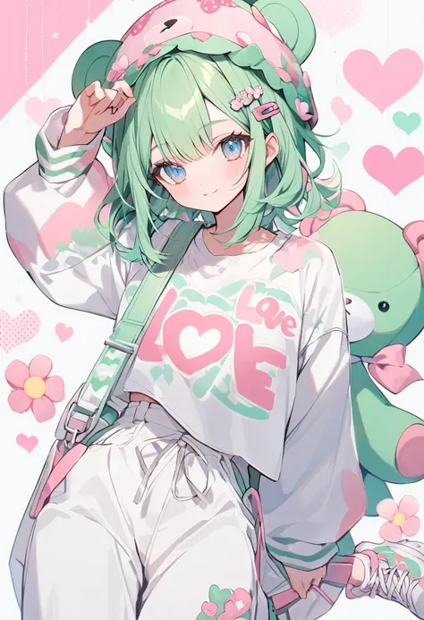 ((solo)) Woman ((22-years)). She has a pastel green hair, blue eyes, cute face. She wears a white pronted t-shirt ((print = writed love), white wide pants and a green jaquet printed with pink flowers, with a black sneakers. She has a pink flower hair clip ...