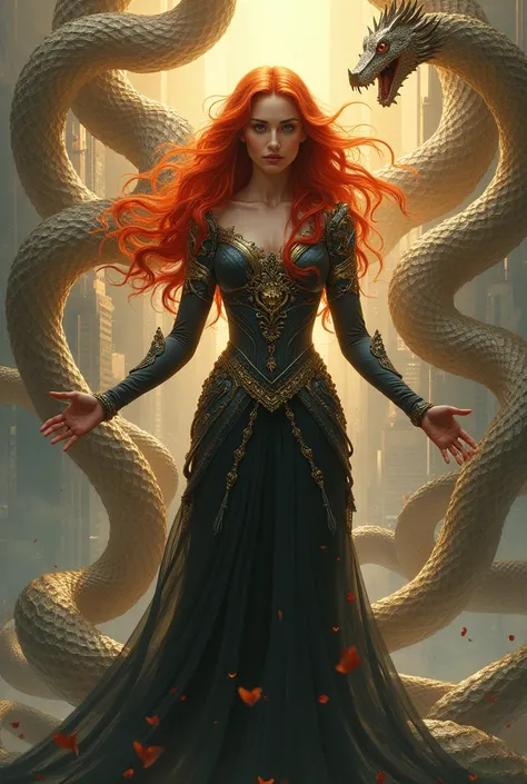 A beautiful redhead woman ruling the world with serpents 