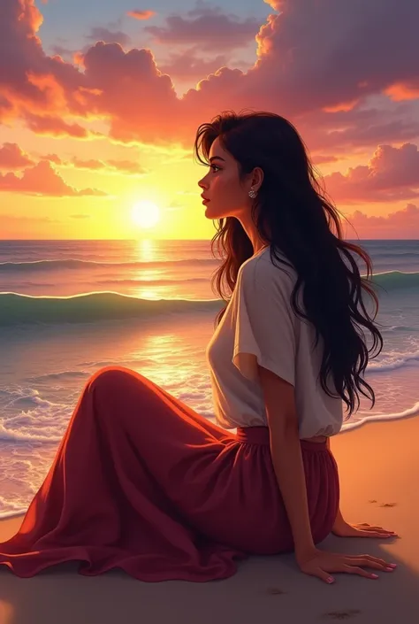 Realistic indian lady (25 y/o) in modern clothes sitting at a beach looking the setting sun, angle from her left side.